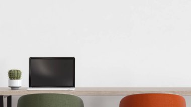 Boş Sandalyeler ve Duvar kenarındaki Tahta Masa Laptop ve Kaktüs Fabrikası 3D