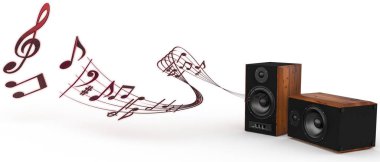 Müzik çalan akustik ahşap hoparlörlerin 3D canlandırması