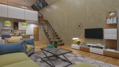 Açık Planlı Üç Boyutlu Evdeki Aydınlatılmış ve Dekore edilmiş Salon ve Mutfak
