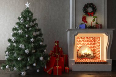 Noel Toplarının Arkaplanda Bir Şömine ve Hediyelerle Yakından 3D Hazırlanması