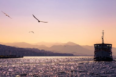 Günbatımında denizde gemiler ve kuşlarla