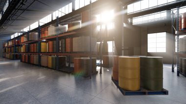 Rafların Arkasındaki Parlak Güneş Işığı Bir Depo 3D Hazırlama