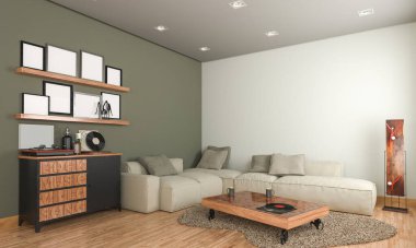 Mobilyalı ve dekore edilmiş bir odanın 3D görüntüsü