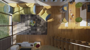 Doğal Gün Işığında Mobilyalı Açık Plan Salonu ve Mutfağı Üst Görünümü