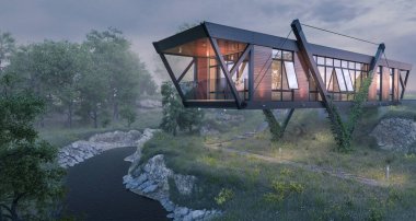  Hillside 'daki ev. Yatak odası 3 boyutlu.