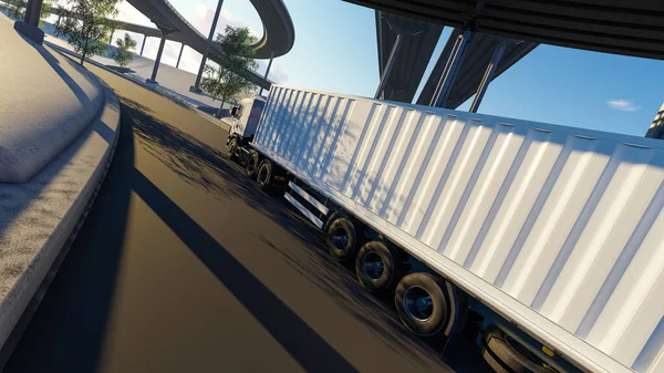 Semi Trailer Truck Curved Bridges Low Angle Rendering — 스톡 사진