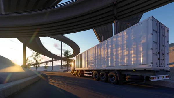 Semi Trailer Truck Curved Bridges Low Angle Rendering — 스톡 사진