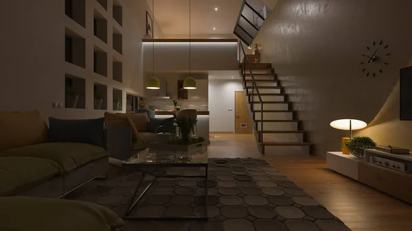 Dimly Illuminated Open Plan House Con Una Entreplanta Renderizado Nocturno —  Fotos de Stock