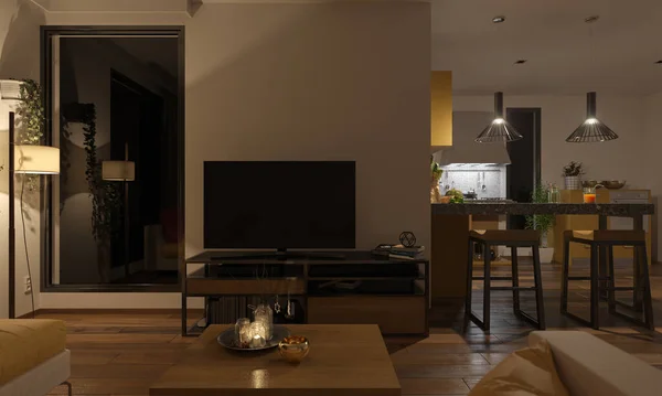 柔らかい照明のラウンジとキッチン — ストック写真