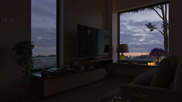 Living Room Design Sunset View Dim Lighting Rendering — 스톡 사진