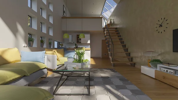 広昼光照明と家具付き3Dレンダリングでメザニンとオープンプランの家のデザイン — ストック写真