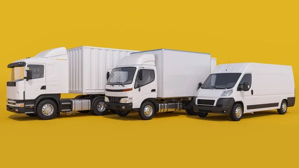 Semi Caminhão Contêiner Alinhado Com Camionetas Entrega Fundo Branco Rendering — Fotografia de Stock
