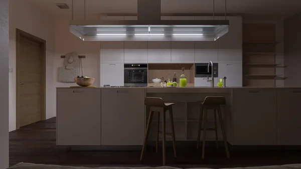 Design Cozinha Moderna Com Móveis Luz Natural Dia Rendering — Fotografia de Stock