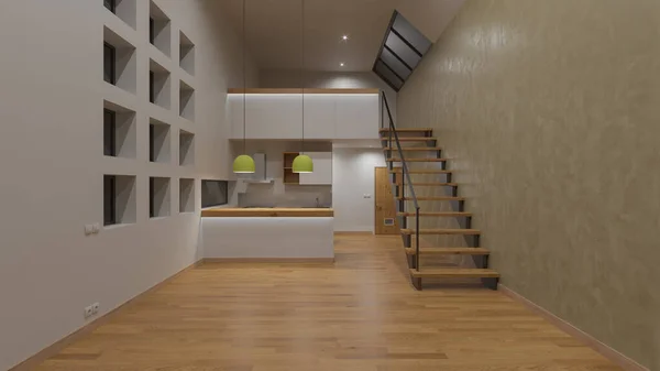 Leeg Open Plan Huis Met Een Mezzanine Vloer Nachts — Stockfoto