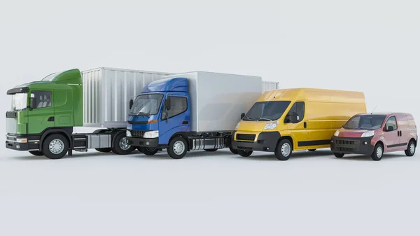 Semi Caminhão Contêiner Alinhado Com Camionetas Entrega Fundo Branco Rendering — Fotografia de Stock