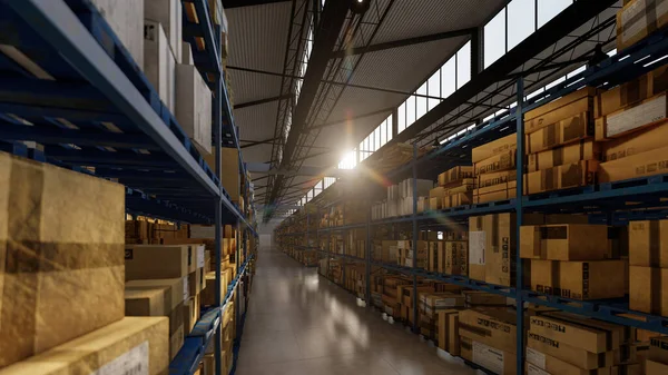 Bright Sunshine Behind the Shelves Inside a Warehouse 3D Rendering