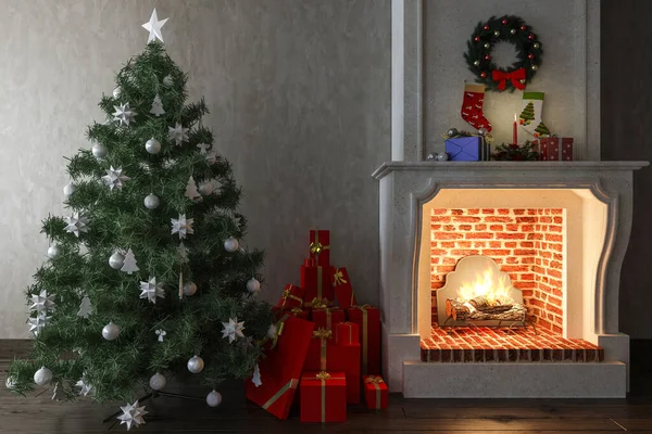 Noel Toplarının Arkaplanda Bir Şömine Hediyelerle Yakından Hazırlanması — Stok fotoğraf