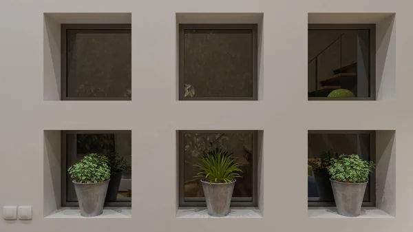 Ventanas Pequeñas Con Nichos Plantas Maceta Renderizado Luz Del Día — Foto de Stock