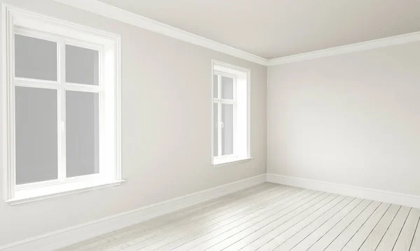 有窗户和木制地板的白色房间 3D渲染 — 图库照片