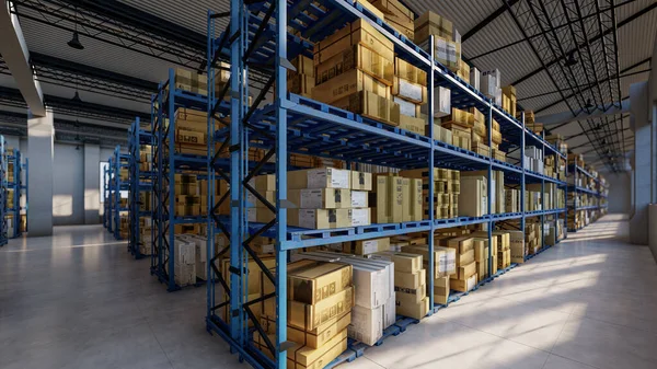 Bright Sunshine Shelves Warehouse Rendering — Stock Photo, Image