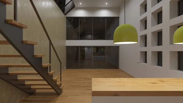 Área Iluminada Cozinha Dentro Uma Casa Vazia Plano Aberto — Fotografia de Stock