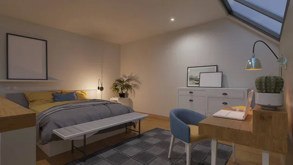 Illuminated Loft Bedroom with Study Desk