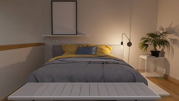 Beleuchtetes Möbliertes Schlafzimmer Mit Doppelbett — Stockfoto