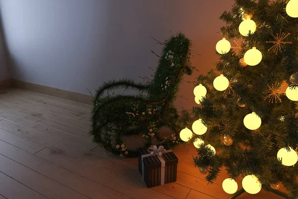 Rendering Empty Room Christmas Tree Present Rocking Chair — Stock Photo, Image