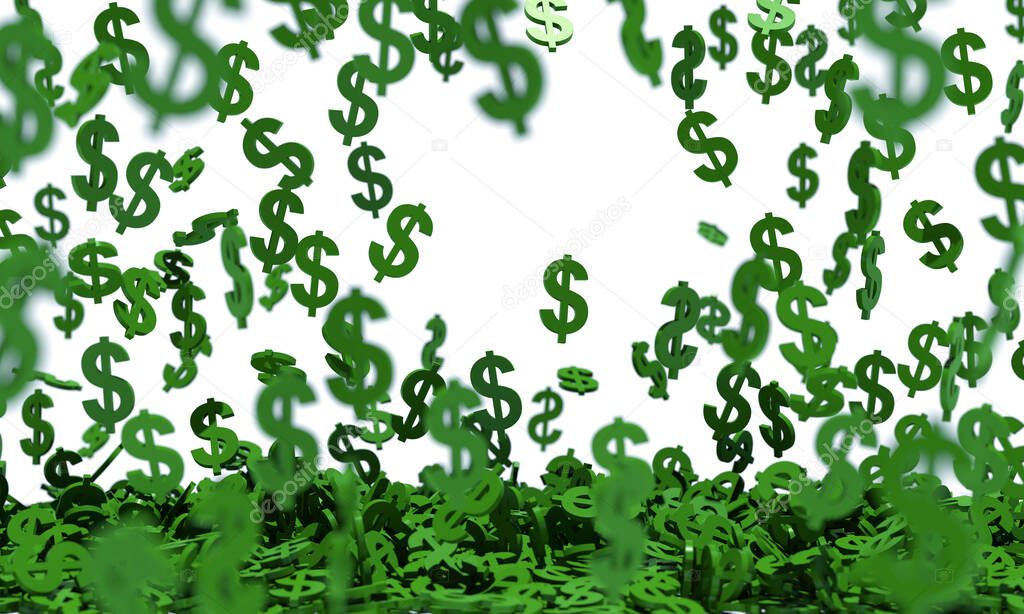Green Dollar Signs Raining on White Background 3d rendering