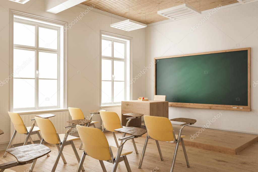 3d rendering of Teacher's Table and the Blackboard with Selective Focus