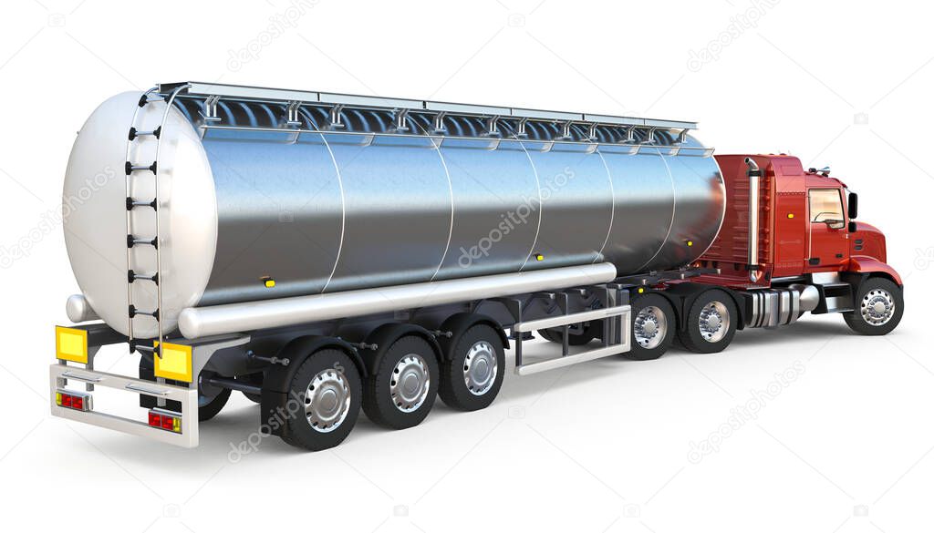 Fuel Tanker Truck with Red Cabin on White Background 3D Rendering