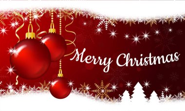  Zarif bir Noel kartı. Kırmızı arka planlı kart, Noel baloları, Noel ağaçları, beyaz ve altın kar taneleri, parlak yıldızlar ve parıltılı altın konfeti. Yatay Noel posteri, tebrik kartları, başlıklar, web sitesi, arkaplan. 