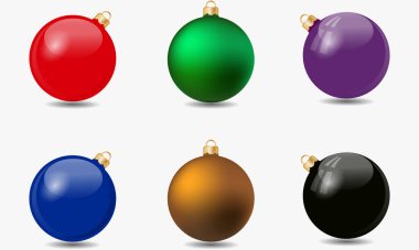  Renkli Noel baloları seti. Beyaz arka planda gölgeli Noel mücevherleri. Noel süsleri. 3 Boyutlu Hazırlama. 