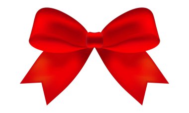  Beyaz arka planda izole edilmiş gerçekçi kırmızı yay. Süs hediyeleri, selamlar, tatiller için kırmızı pruva. Stok vektör illüstrasyonu.