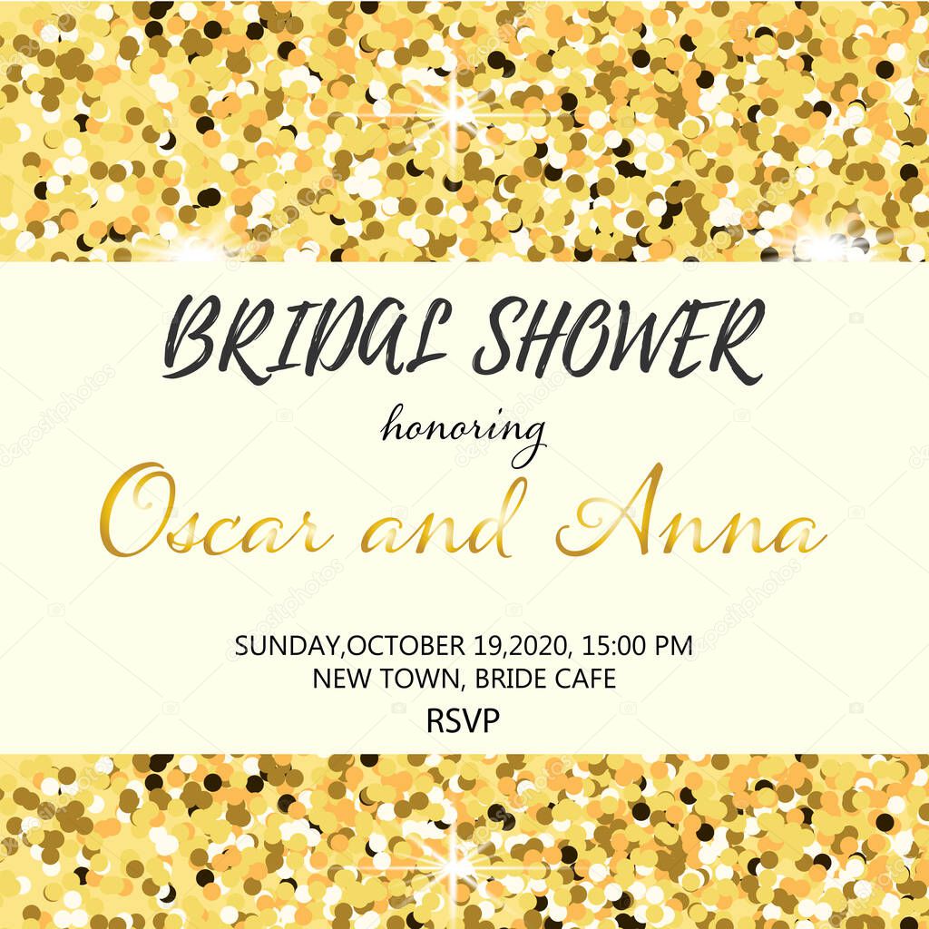  Bridal shower invitation card on the glittering background. Premium party invitation and cards design. 100% vector design template - easy to use and edit.