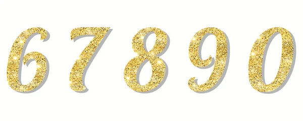 Gold Glitter Numbers Set Shadow Part Numbers Isolated White Background — Stock Vector