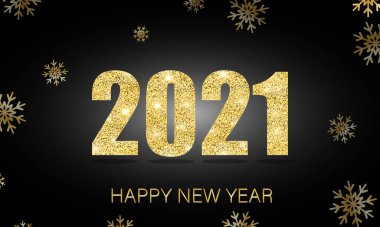  Mutlu yıllar 2021 afişi. Altın parıltılı sayıları olan zarif altın yazılar, siyah arka planda izole edilmiş altın kar taneleri. Parlak lüks tatil geçmişi. Vektör illüstrasyonu. 