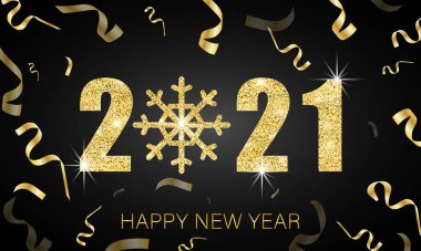  Mutlu yıllar 2021 tebrik kartı. Tatil tasarımı altın kar taneleri, rakamlar ve koyu arkaplanda konfeti ile dekore edilir. Hediye kartı, broşür, broşür, broşür tasarımı için vektör çizimi. 