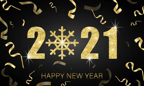  Mutlu yıllar 2021 tebrik kartı. Tatil tasarımı altın kar taneleri, rakamlar ve koyu arkaplanda konfeti ile dekore edilir. Hediye kartı, broşür, broşür, broşür tasarımı için vektör çizimi. 