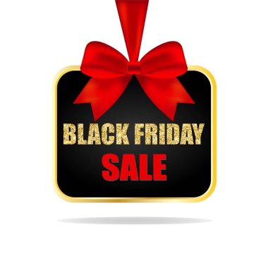 Siyah Cuma, kırmızı kurdeleli ipek bir kurdeleye asılı altın çerçeveli beyaz vektör işareti. Kara Cuma tabelası. Sanat şablonu tasarımı, afiş, kitapçık, yazdır, el ilanı, kitap, boş, kartpostal.