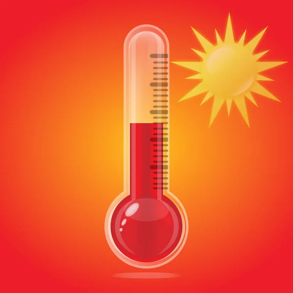 带有太阳图形图标的温度计 有炎热天气信号的温度计 橙色背景上的孤立符号 矢量说明 — 图库矢量图片