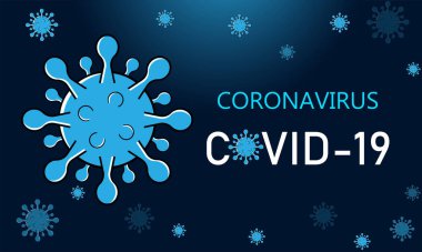  Pandemik Coronavirus, Covid-19 pankartı. Coronavirus ve salgın virüsü risk konsepti. Yatay afiş, poster, web sitesi başlığı. Vektör çizimi. Koyu mavi arkaplanda izole edilmiş..