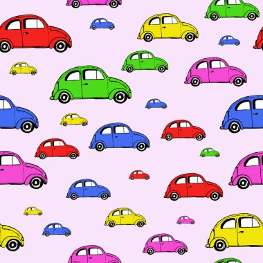 Şehir arabaları pürüzsüz. Vektör arkaplanı. Isometric arabalar. Kusursuz desenli araba çizimi