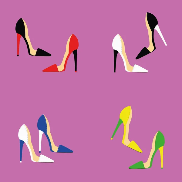 Beautiful multi-colored women s shoes on a purple background, sexy shoes, classic. High-heeled shoes. Vector illustration