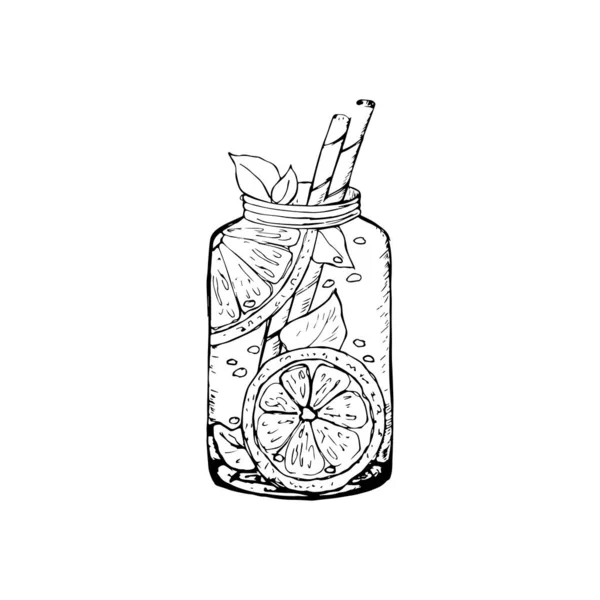 喝点什么 一杯手工配制的鸡尾酒 一壶柠檬水 果汁和一杯饮料 图解的素描 — 图库照片