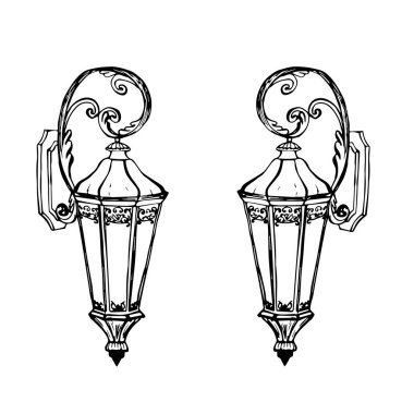 Sokak lambası dövülmüş, illüstrasyon, vintage, çizim, retro fener