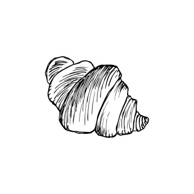 Beyaz arka planda izole edilmiş kruvasan taslak ikonu. Bir ay çöreğinin el çizimi simgesi.