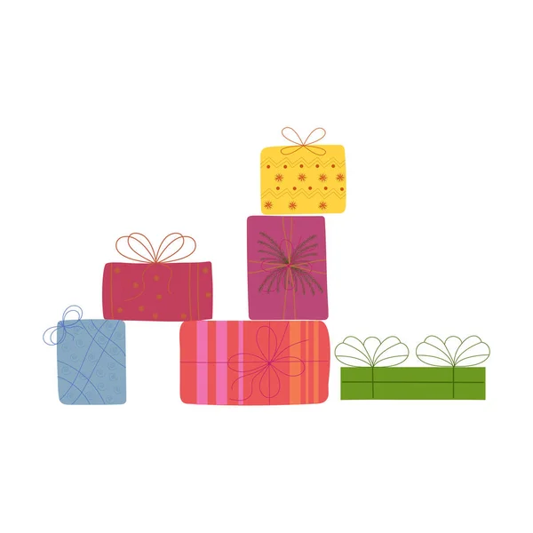 Grote stapel kleurrijke geschenkdozen. Heel veel cadeautjes.. — Stockvector