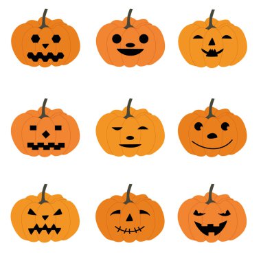 Cadılar bayramı balkabakları seti, komik yüzler. Sonbahar tatili. Vektör illüstrasyonu