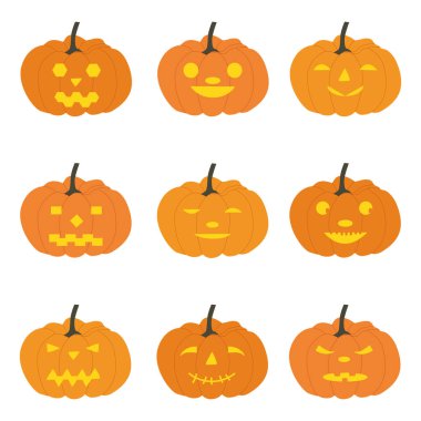 Cadılar bayramı balkabakları seti, komik yüzler. Sonbahar tatili. Vektör illüstrasyonu